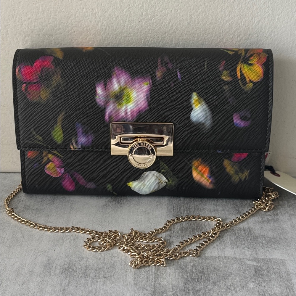 Ted Baker Floral Black Red Chain Clutch Parisa Leather Crossbody - Picture 11 of 13